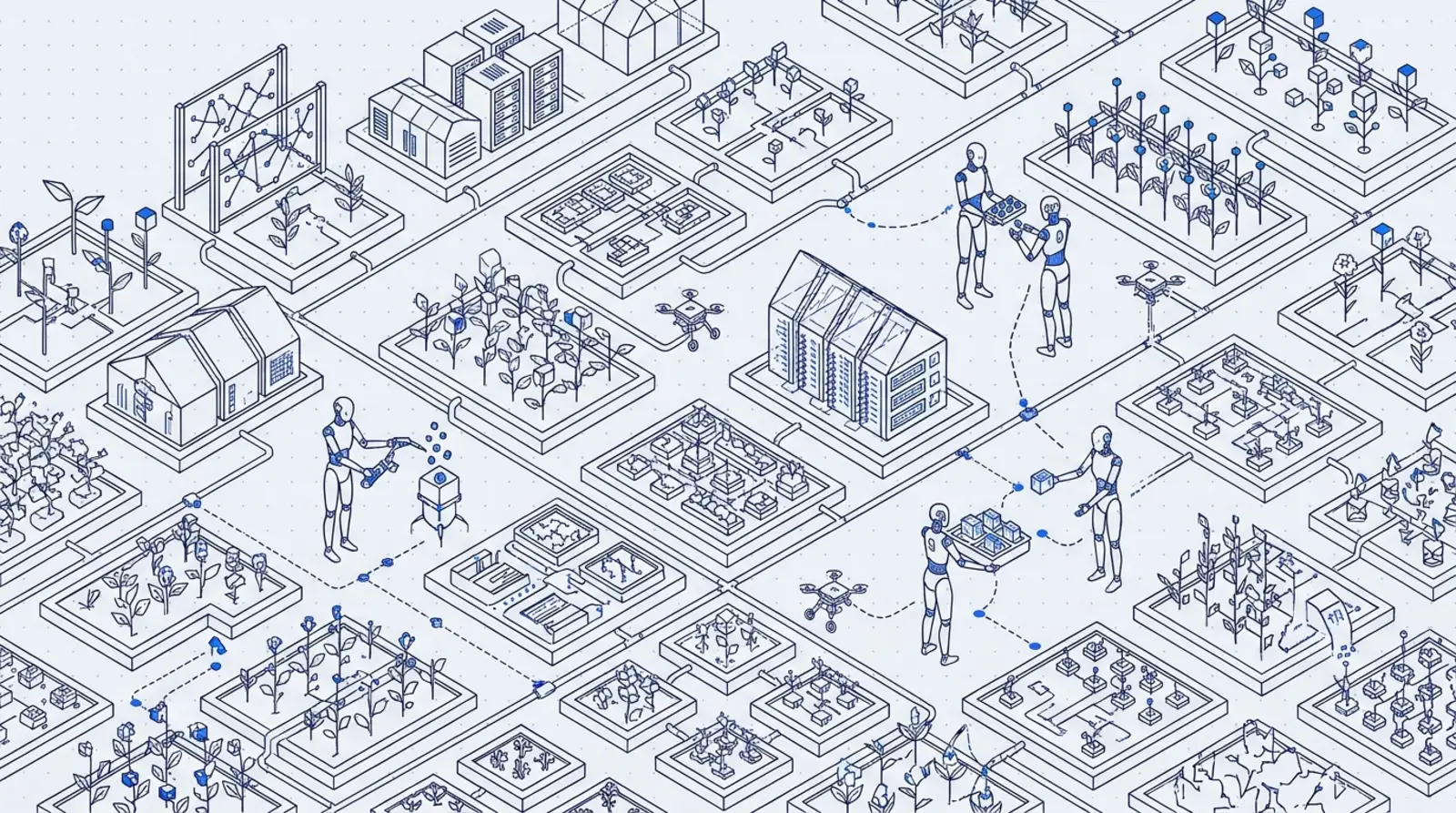 Robot agents coordinately tending an intricate garden of small systems